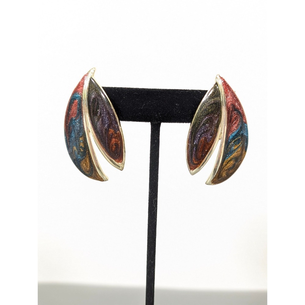 Vintage Enamel Swirl Leaf Drop Earrings Purple Teal Red Gold Tone Statement